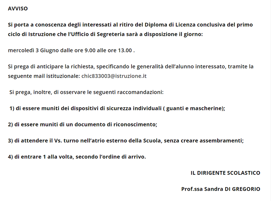 AVVISO: Ritiro del Diploma di Licenza conclusiva del primo ciclo di